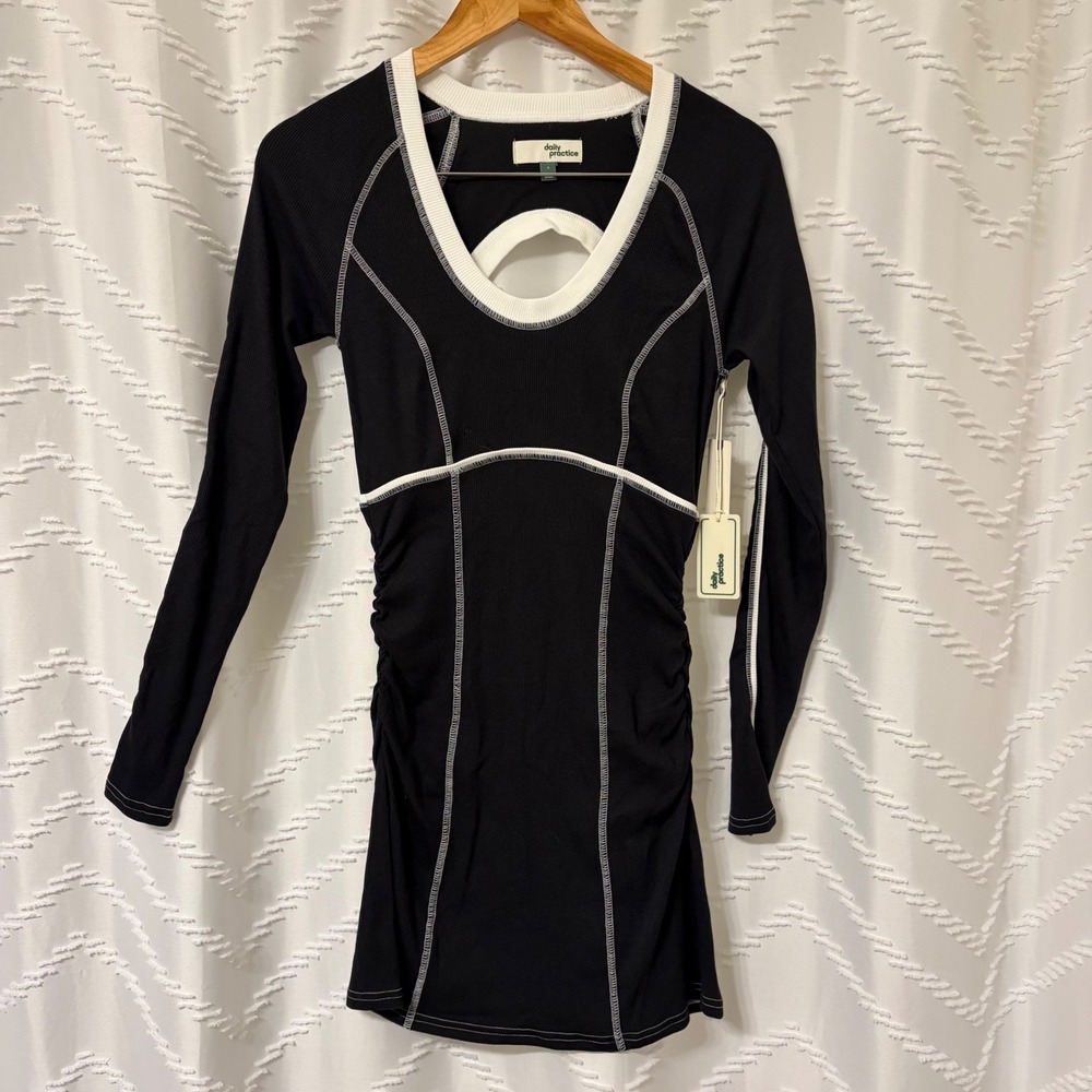 Daily Practice Anthropologie Black White Contrast Stitch Open Back Mini Dress S